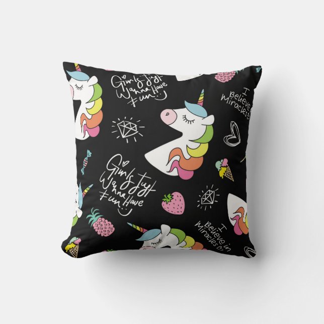 Coussin Unicorne, fraise, ananas, dessins à la crème glacé (Recto)