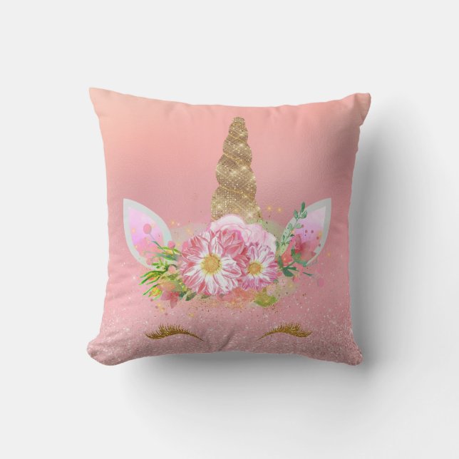 Coussin Unicorne Lashes Souriants Rose Rose Or Fleurs Glam (Recto)