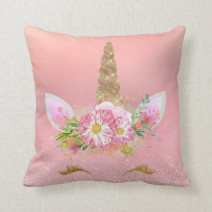 Coussin Unicorne Lashes Souriants Rose Rose Or Fleurs Glam