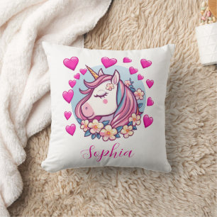 Coussin Unicorne mignonne, Coeurs et Fleurs roses, Nom per