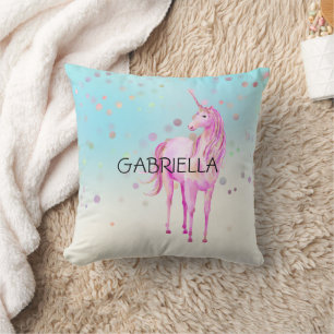 Coussin Unicorne rose Confetti Nom personnalisé