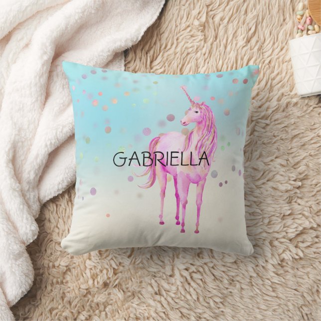 Coussin Unicorne rose Confetti Nom personnalisé (Couverture)