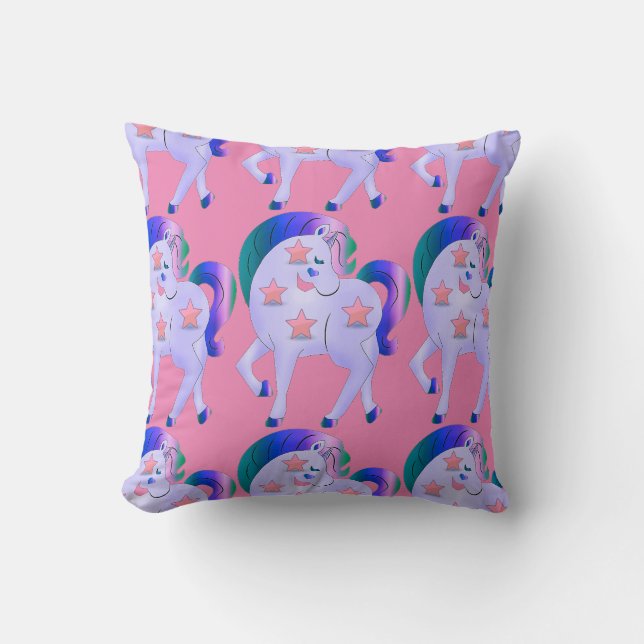 Coussin Unicorne rose et violet avec étoiles (Recto)