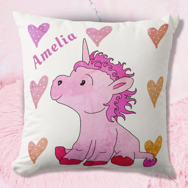 Coussin Unicorne rose mignonne et Coeurs Nom de la fille (Créateur téléchargé)