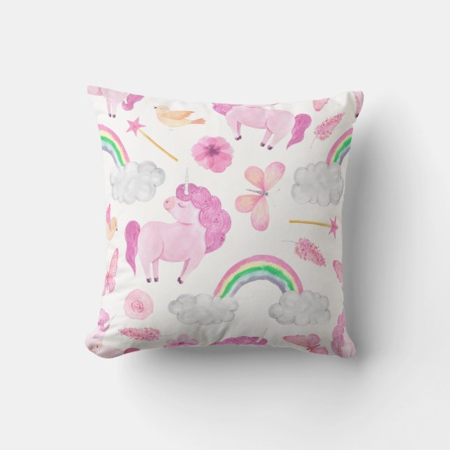 Coussin Unicorne rose Rainbows Girly Magique Papillons (Recto)