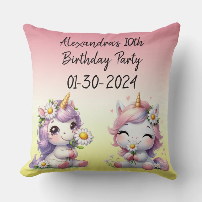 Coussin Unicornes et marguerites, fête d'anniversaire pour (Recto)