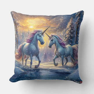 Coussin Unicornes Jouant Dans Le Design De Neige Par Rich