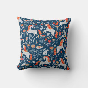 Coussin Unicornes, lapins, oiseaux, fleurs sur fond bleu