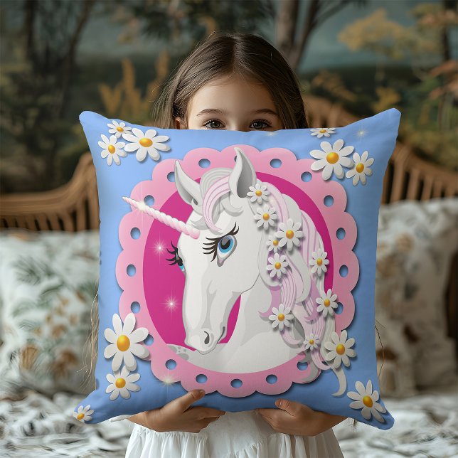 Coussin Unicornes rétro et Motif de marguerites sur bleu (Créateur téléchargé)