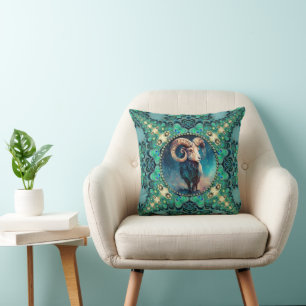 Coussin Unique Bélier Zodiac Vert Bleu Peacock & Fractals