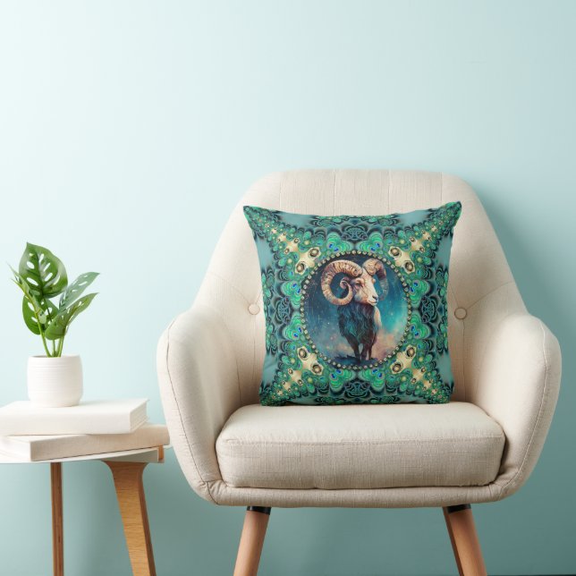 Coussin Unique Bélier Zodiac Vert Bleu Peacock & Fractals (Chaise)