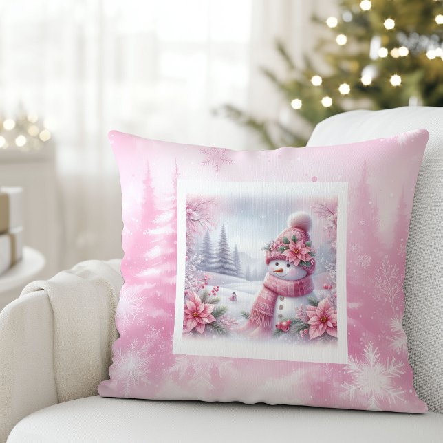 Coussin Unique Pink Snowman Christmas Scene Kids Holiday   (Unique Pink Snowman Christmas Scene Kids Holiday Pillow

)