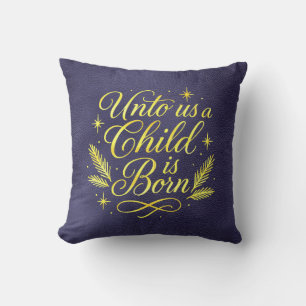 Coussin Unto Us un Enfant est Né Écriture Bleu Noël