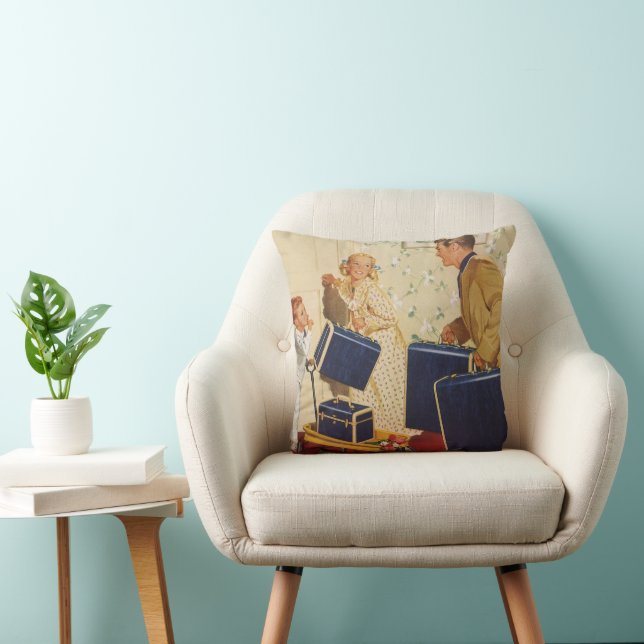 Coussin Vacances vintage, papa, Enfants et Valises (Chaise)
