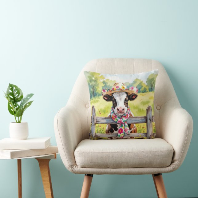 Coussin Vache à l'aquarelle portant un chapeau d'été (Chaise)