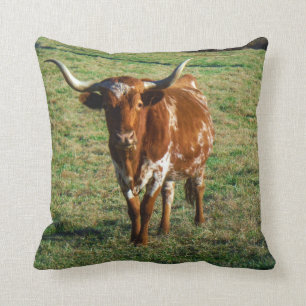 Coussin Vache Brown et blanche à longhorn