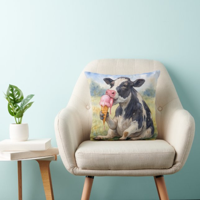 Coussin Vache d'aquarelle lèche un cône de glace (Chaise)