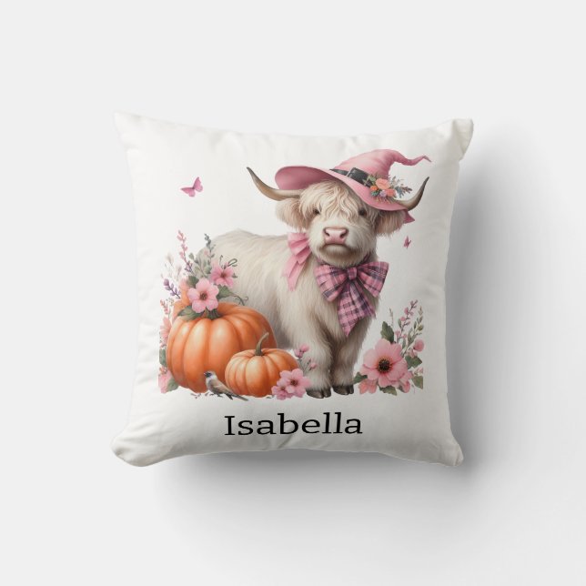 Coussin vache de haute-terre rose fleur citrouille (Recto)