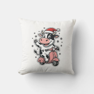 Coussin Vache de Noël à scooter rose vintage vecteur_1