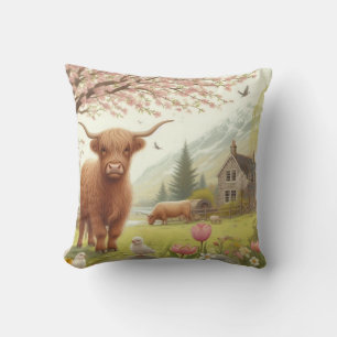 Coussin Vache des hautes terres mignonne, florale/printani