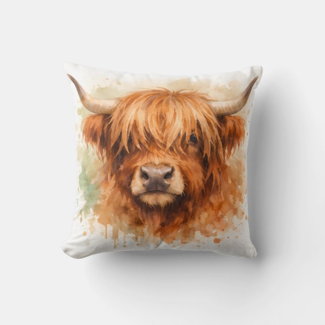 Coussin Vache des Highlands - Animaux à l'aquarelle (Recto)
