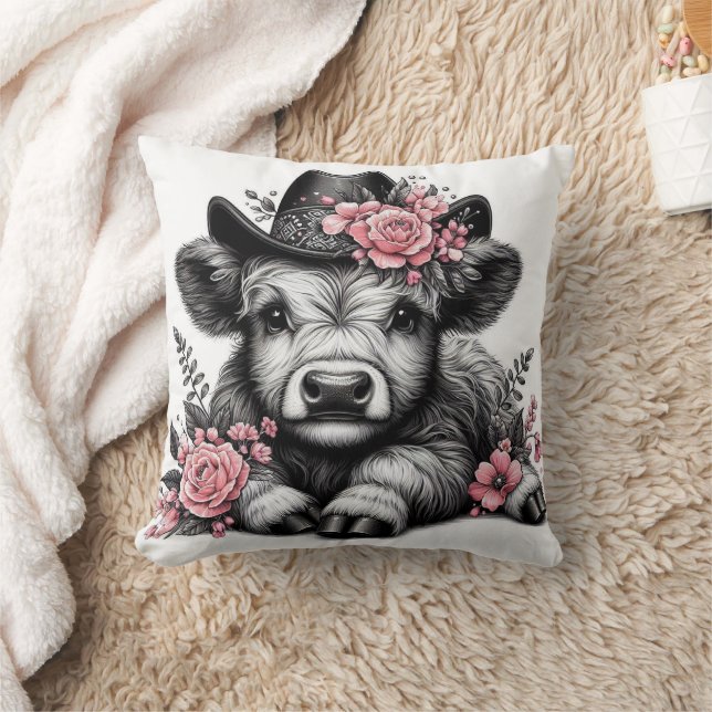 Coussin Vache des Highlands avec chapeau et décoration flo (Couverture)