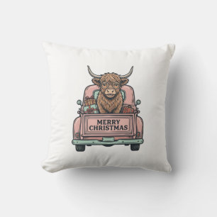 Coussin Vache des Highlands Camion de Noël Gravure Vintage