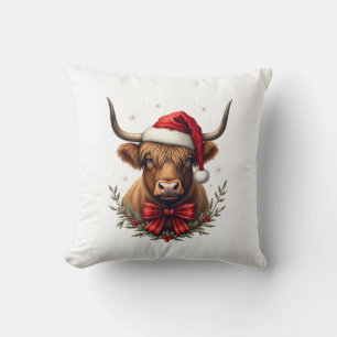 Coussin Vache des Highlands de Noël vintage avec chapeau d