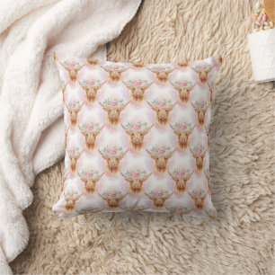 Coussin Vache des Highlands Fleurs Roses Aquarelle Nurseri