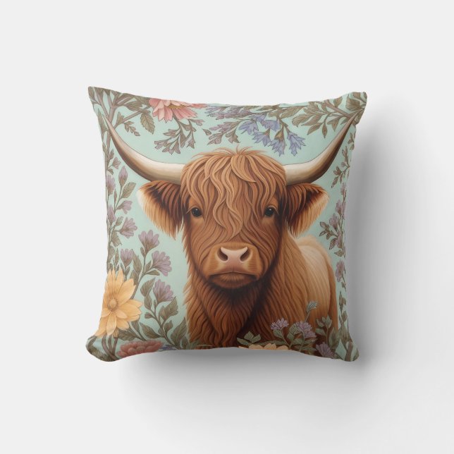 Coussin Vache des Highlands Pastel Floral Inspiré de Willi (Recto)