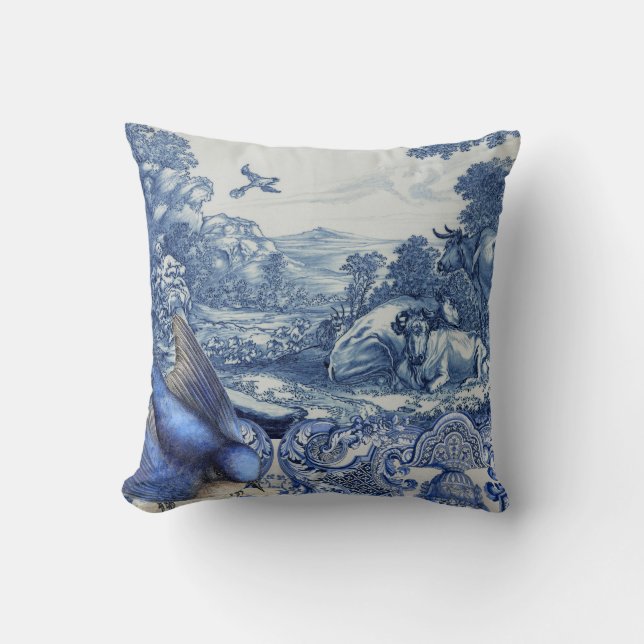 Coussin Vache d'oiseaux Français Collage de toile bleu et  (Recto)