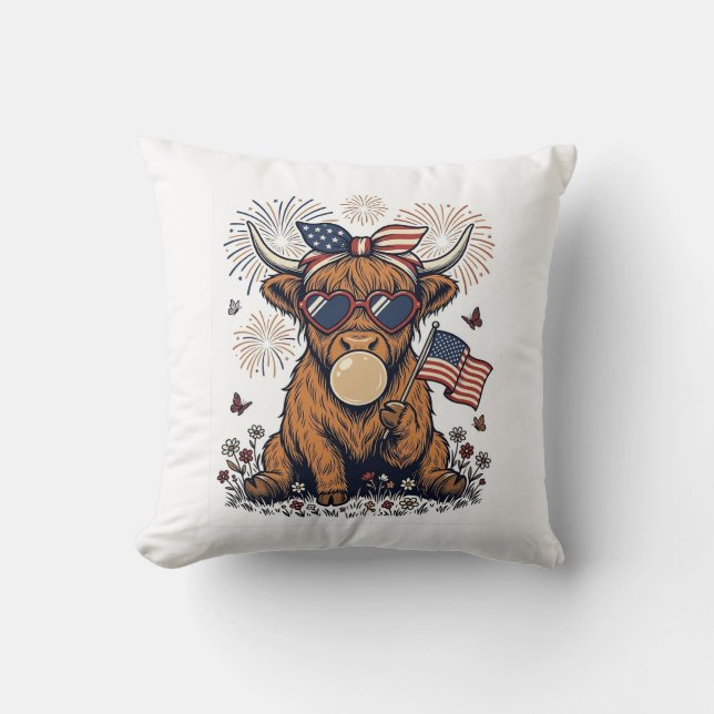 Coussin Vache écossaise patriotique Bubblegum Gravure vint (Recto)
