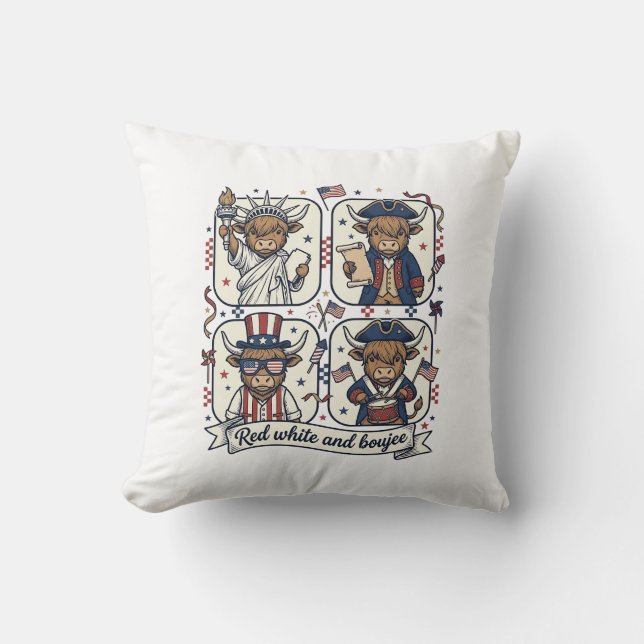 Coussin Vache écossaise patriotique rouge blanc et boujee (Recto)