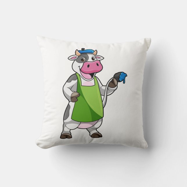 Coussin Vache en peintre avec peinture et tablier (Recto)