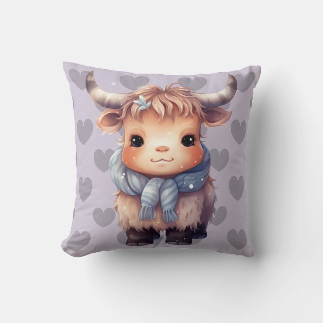Coussin Vache et coeurs d'hiver mignons (Recto)