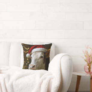 Coussin Vache Hereford de Noël portant un chapeau de Père