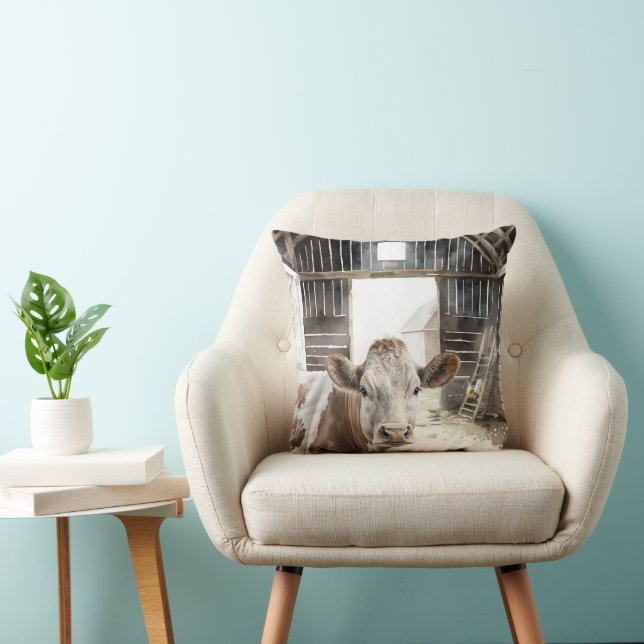 Coussin Vache Hereford et coq en Grange (Chaise)