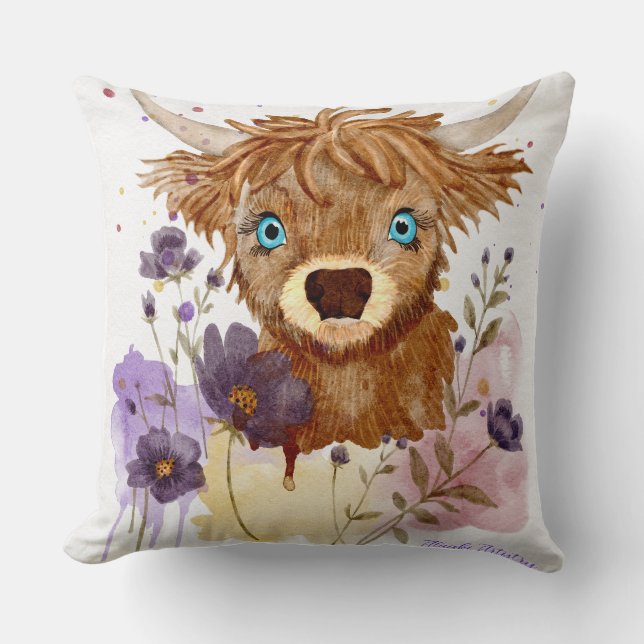 Coussin vache highland aquarelle libre (Recto)