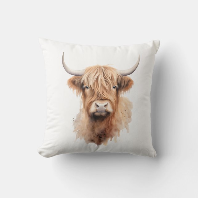 Coussin Vache highland aquarelle ranch drôle (Recto)