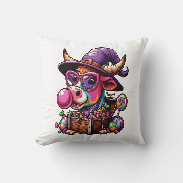 Coussin Vache Highland arc-en-ciel Halloween (Recto)