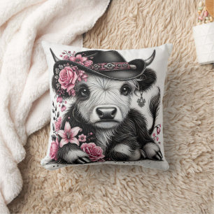 Coussin Vache Highland avec Casquette Floral