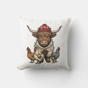 Coussin Vache Highland et poulets de Noël Gravure vintage