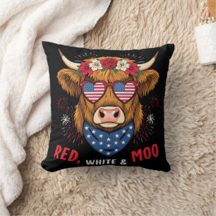Coussin Vache Highland Rouge Blanc et Moo 4 juillet 250 an