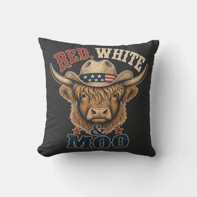 Coussin Vache Highland Rouge, Blanc & Moo (Recto)