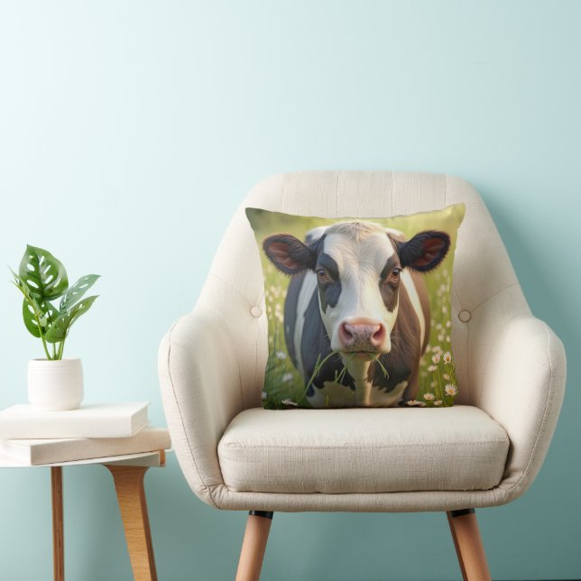 Coussin Vache Holstein dans un pâturage vert avec des pâqu (Chaise)