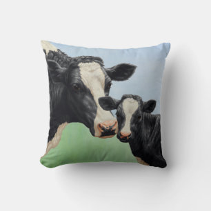 Coussin Vache Holstein noire et veau mignon