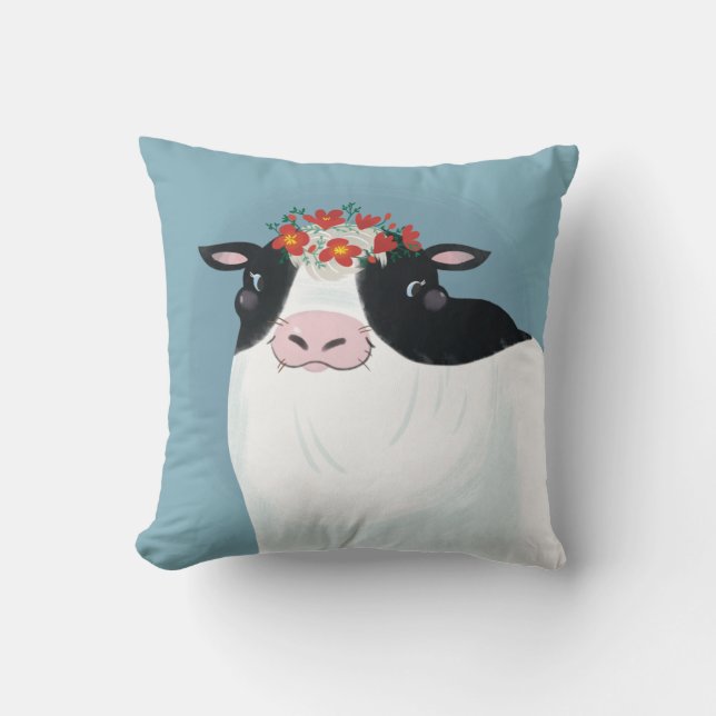 Coussin Vache laitière et couronne de fleurs rouges (Recto)