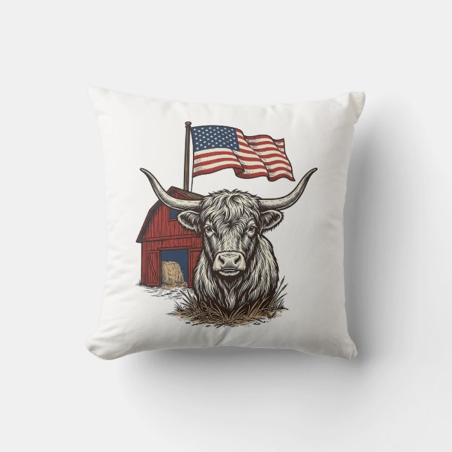 Coussin Vache Longhorn Patriotique et Conception Vectoriel (Recto)