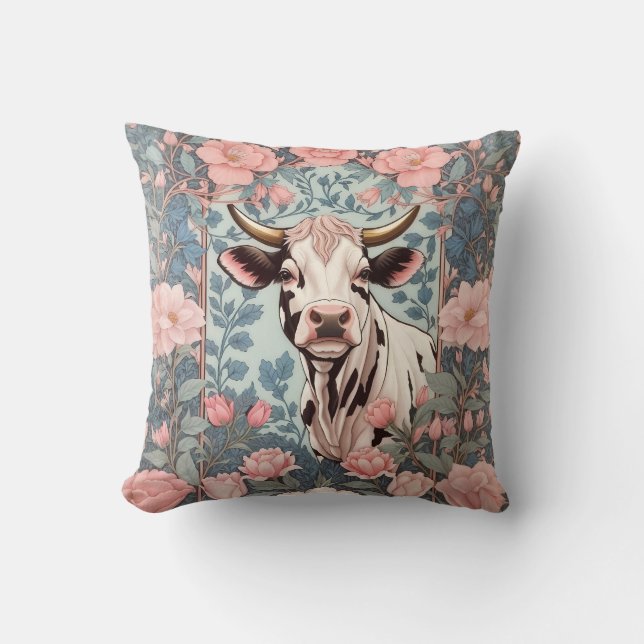 Coussin Vache mignonne avec Arrière - plan floral rose (Recto)