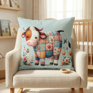 Coussin Vache Patchwork Fantaisiste Avec Accents Floraux